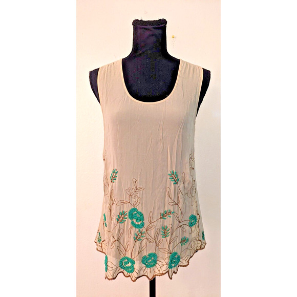 Left Of Center anthropologie sz XS 100% Silk Embroidered Tank Top blouse tan MR1 - Picture 1 of 4